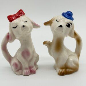 Vtg Pair Ceramic Dog Salt Pepper Figurines Girl Boy Red Blue Hats Sassy Japan